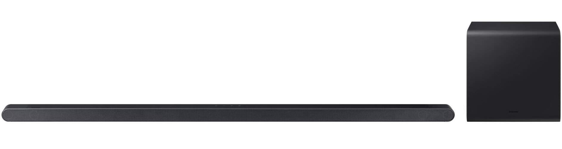 Czarny soundbar i subwoofer, białe tło, nowoczesny system audio.