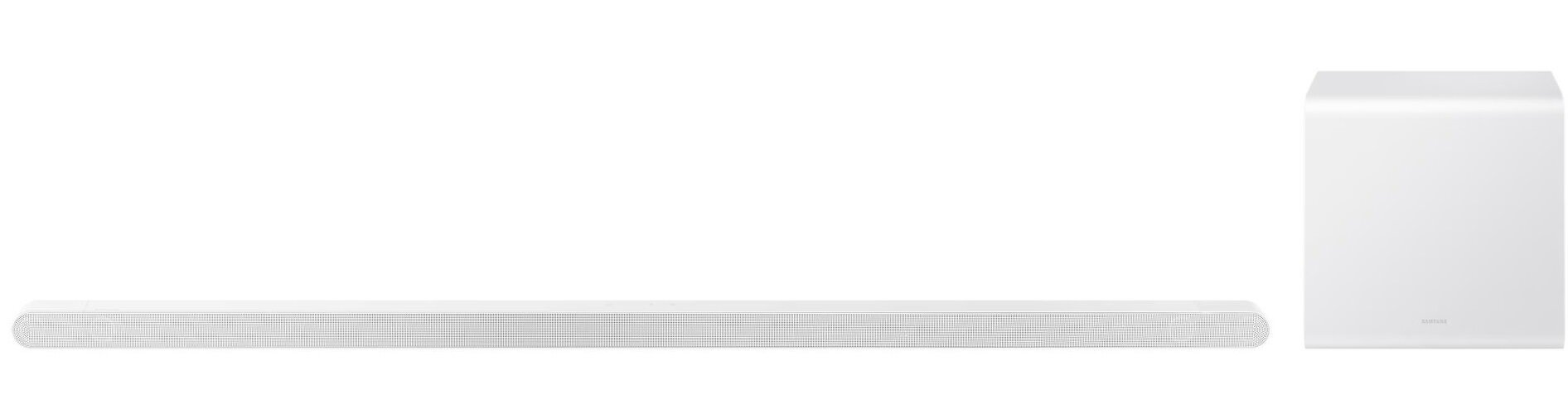 Biały zestaw soundbara i subwoofera. Soundbar jest długi, subwoofer to kostka.