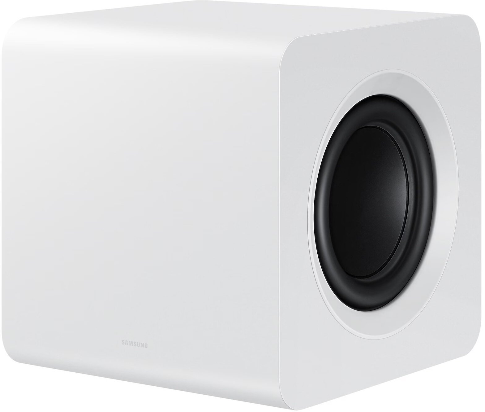 Biały subwoofer z czarnym głośnikiem i logo Samsung.