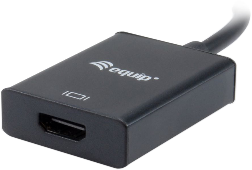 Fekete HDMI adapter "equip" logóval. Van egy portja és egy csatlakoztatott fekete kábele. Fehér háttér.