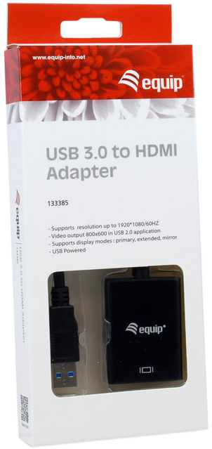 Egy doboz egy USB 3.0-HDMI adapterhez. A doboz fehér és piros, látható az adapter és egy USB-kábel.