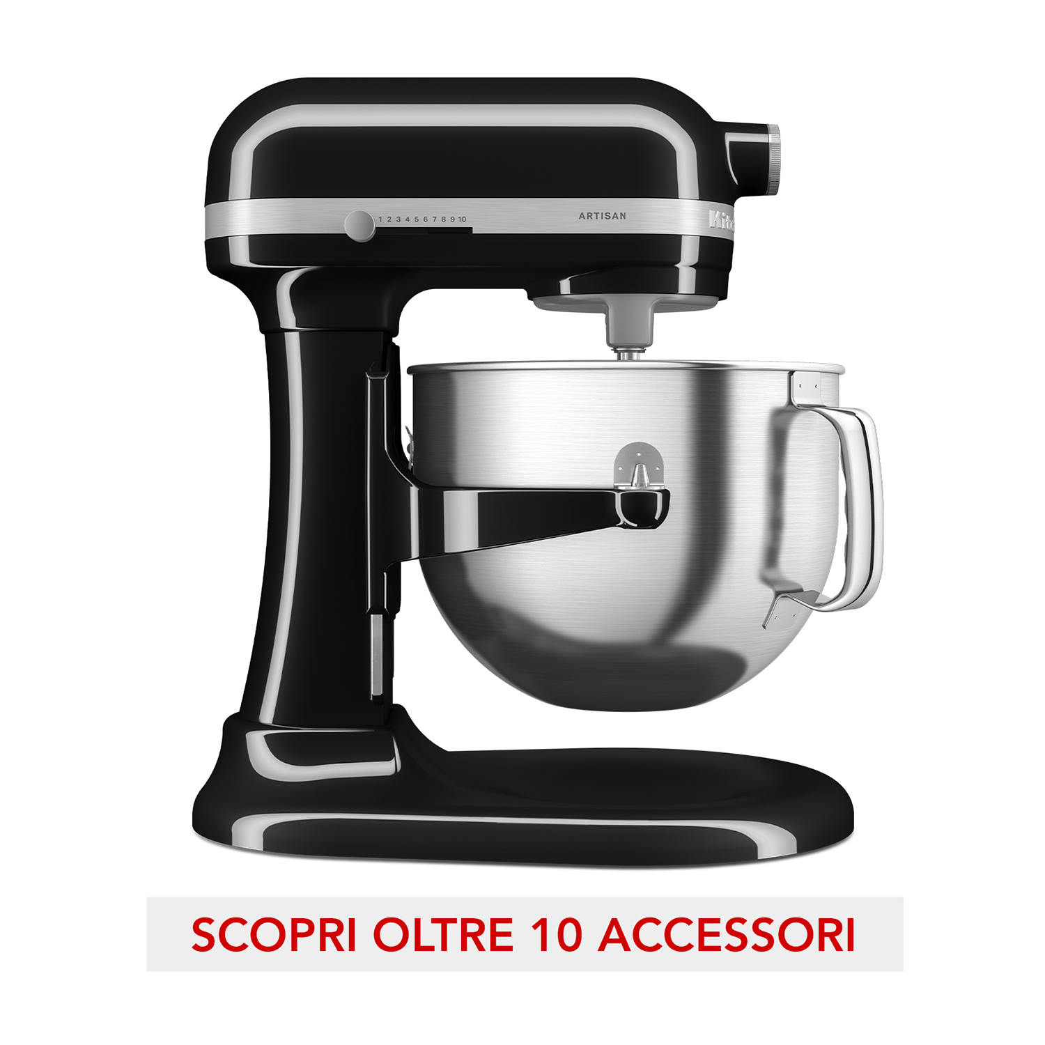 Un robot da cucina KitchenAid nero con una ciotola in acciaio inossidabile.