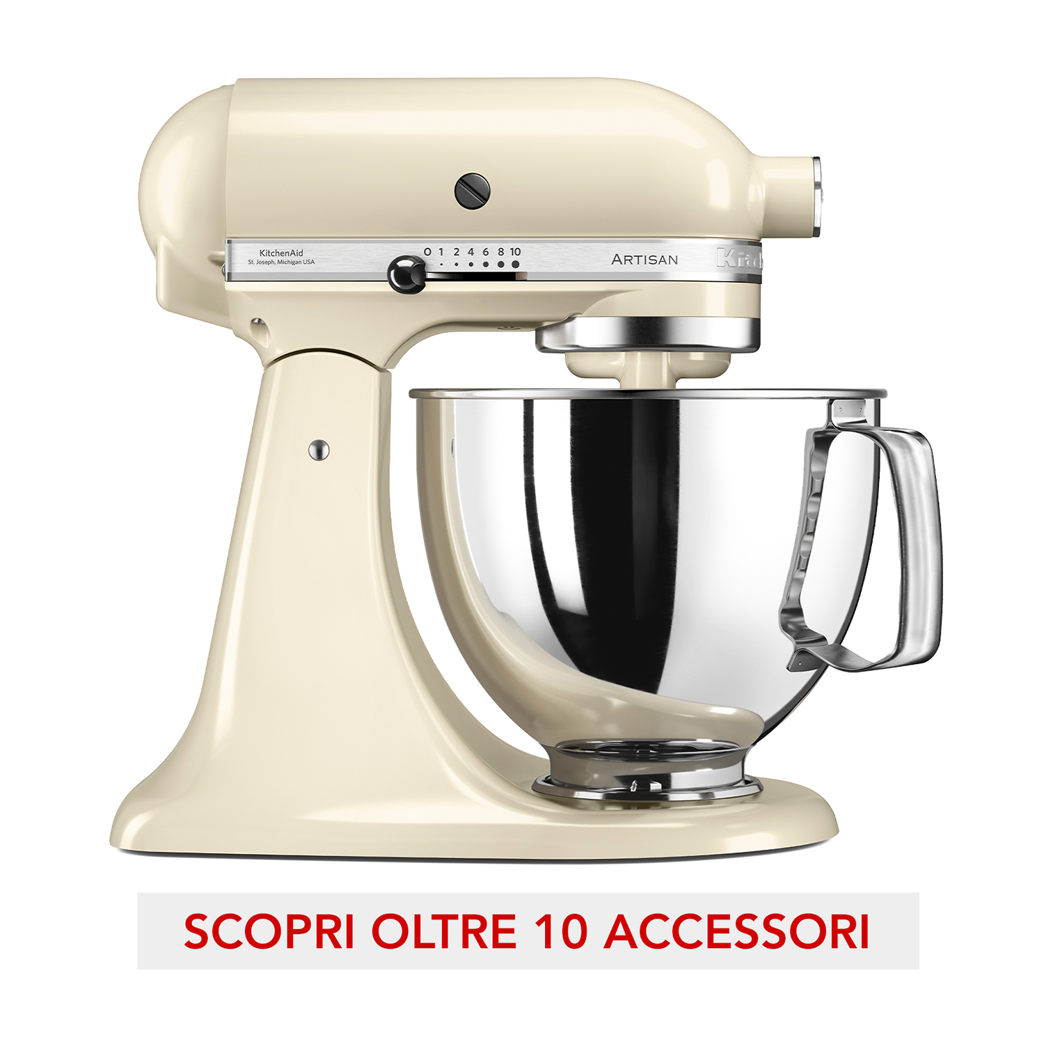 Un robot da cucina KitchenAid color crema con la scritta 'SCOPRI OLTRE 10 ACCESSORI'.