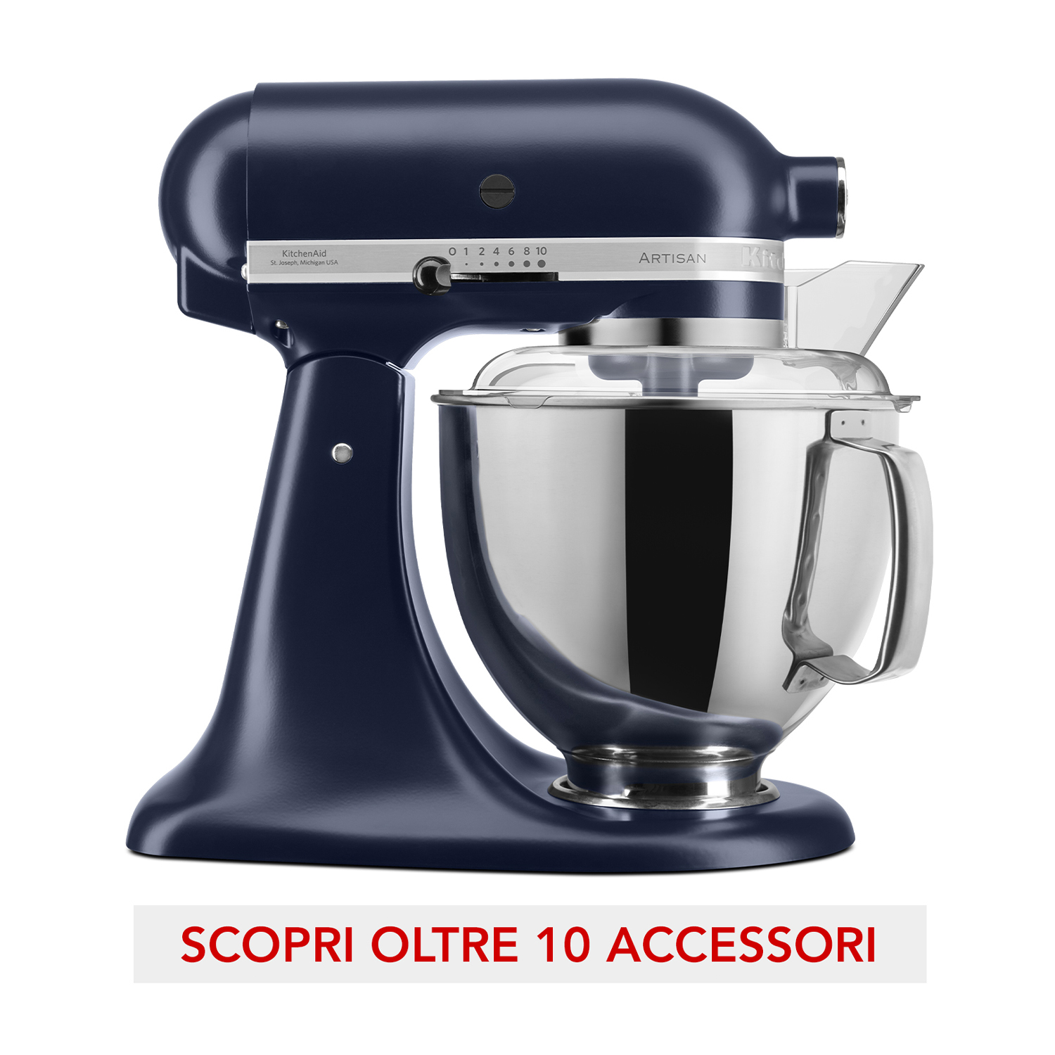 Robot da cucina KitchenAid Artisan blu navy, con ciotola cromata, su sfondo bianco.