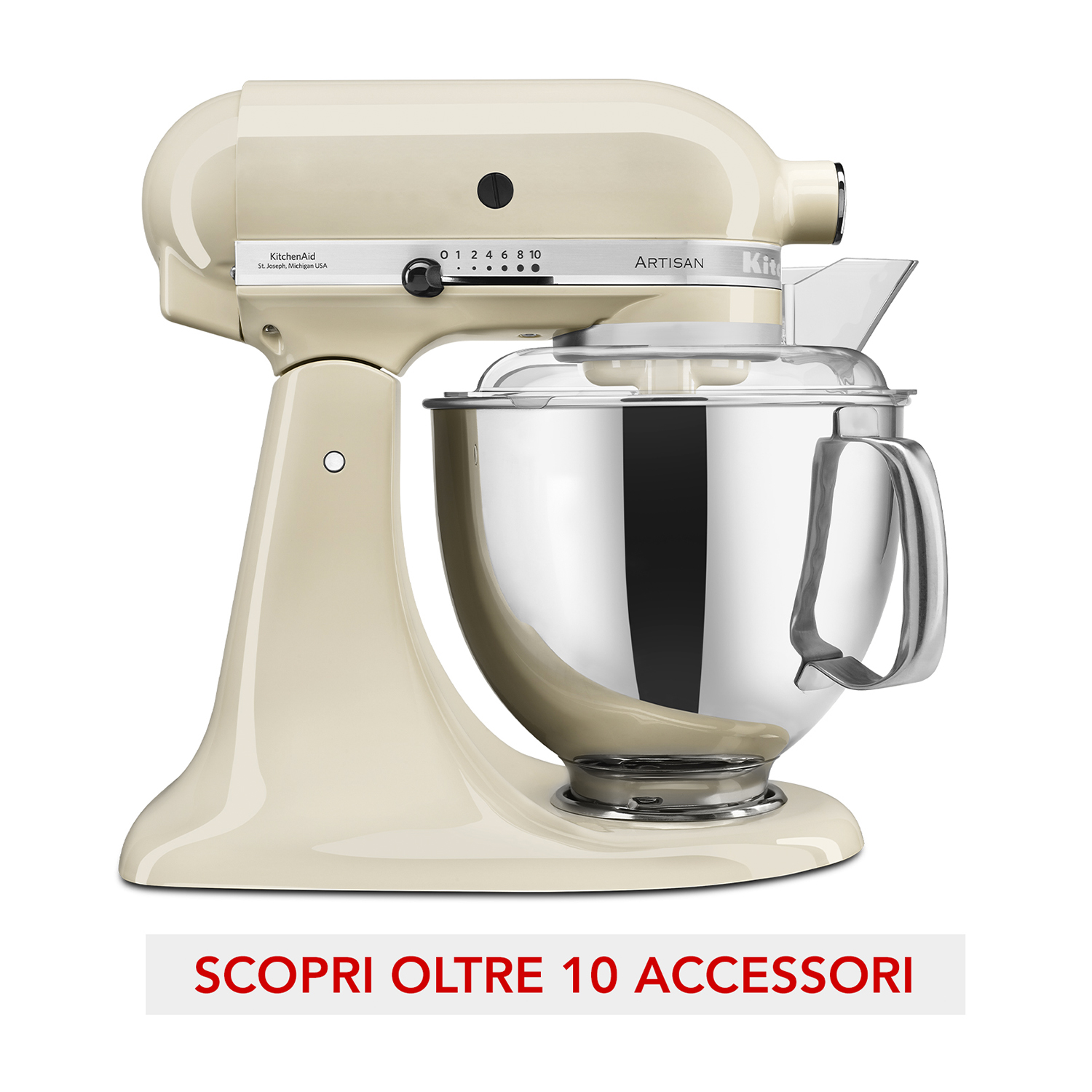 Impastatrice KitchenAid Artisan, colore beige, con ciotola.