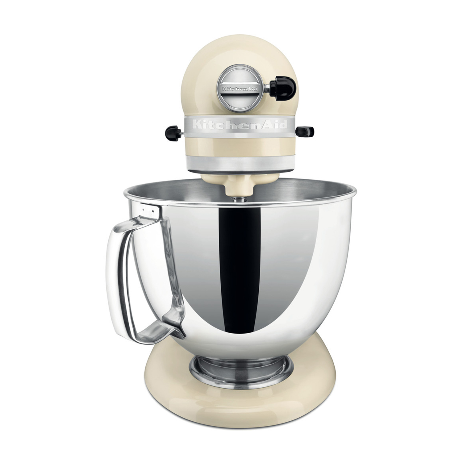 Impastatrice KitchenAid color crema con ciotola in acciaio inox, sfondo bianco.