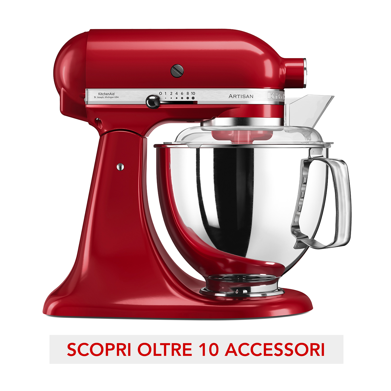 Un mixer KitchenAid rosso con ciotola inox e protezione in vetro.