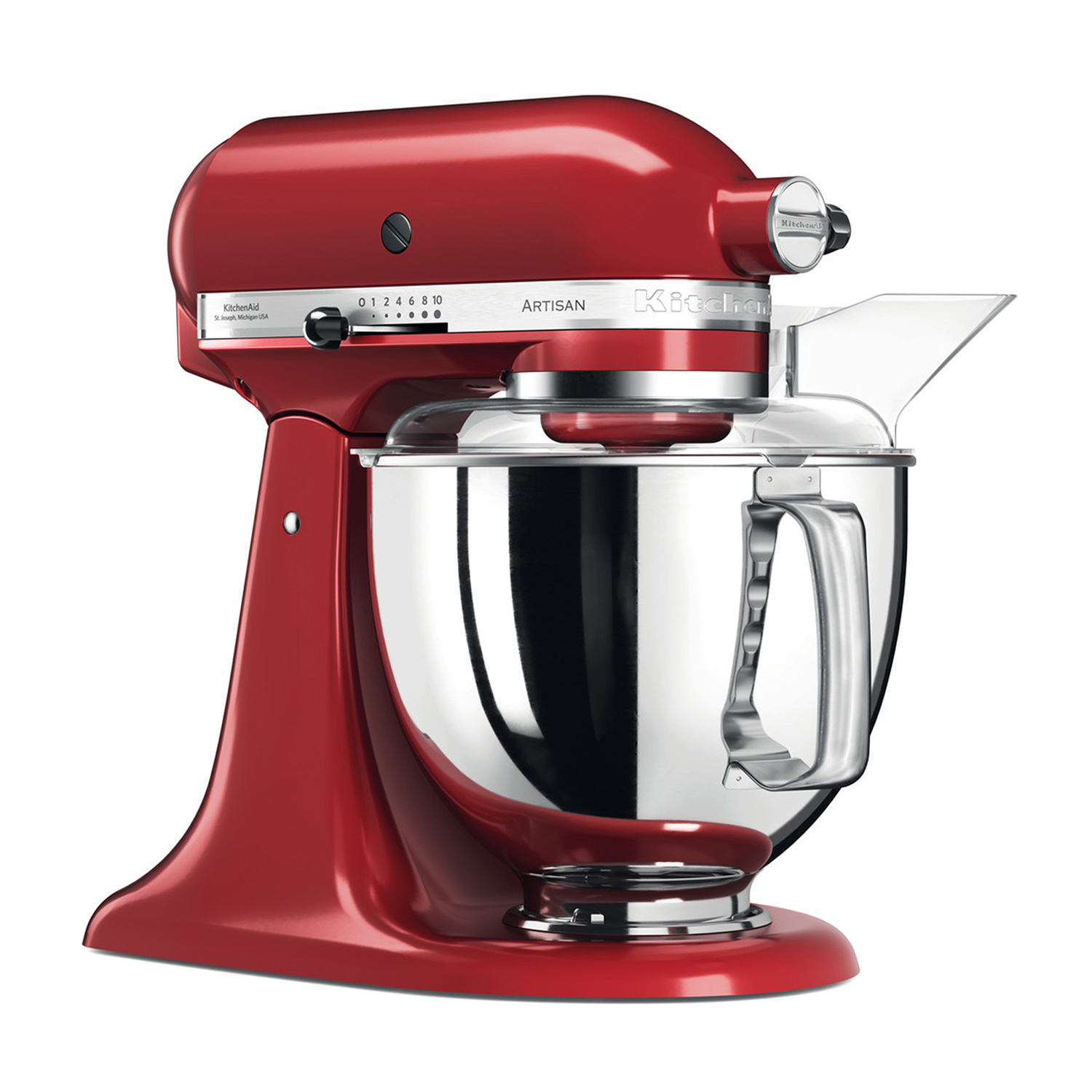 Frullatore KitchenAid rosso con protezione trasparente.