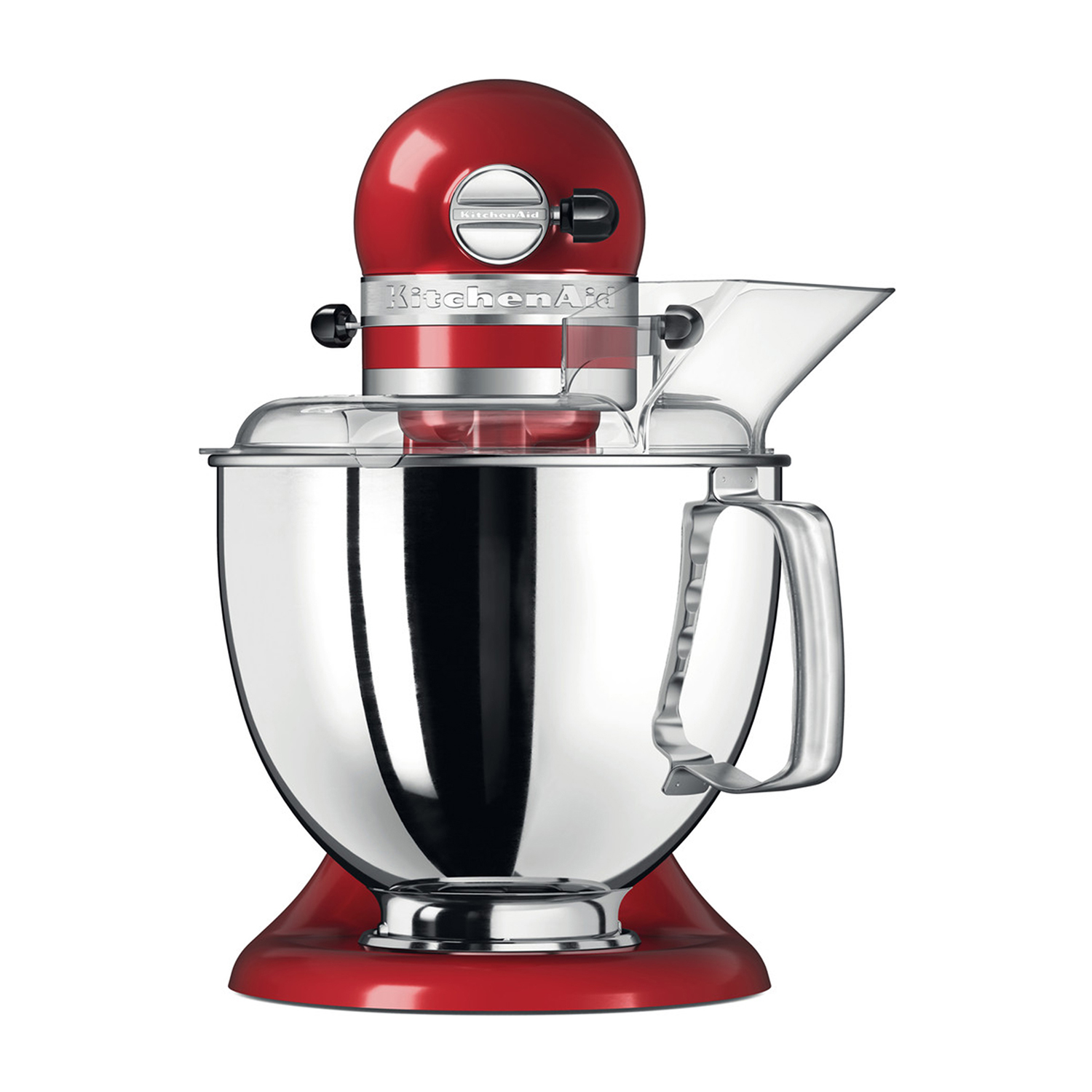 Robot da cucina KitchenAid rosso con paraschizzi trasparente e ciotola in acciaio inox.