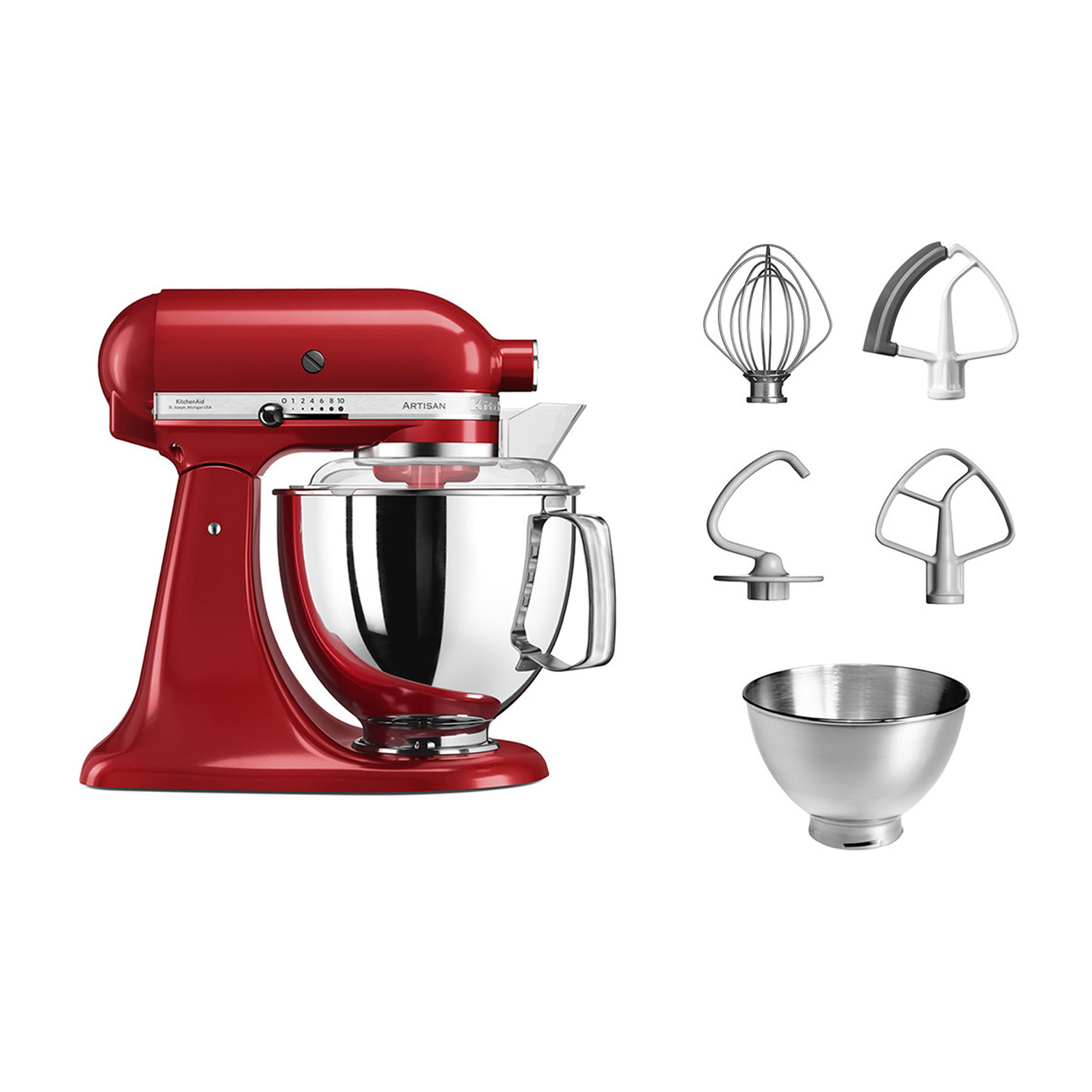 Frullatore KitchenAid rosso con vari accessori e una ciotola in acciaio inossidabile.