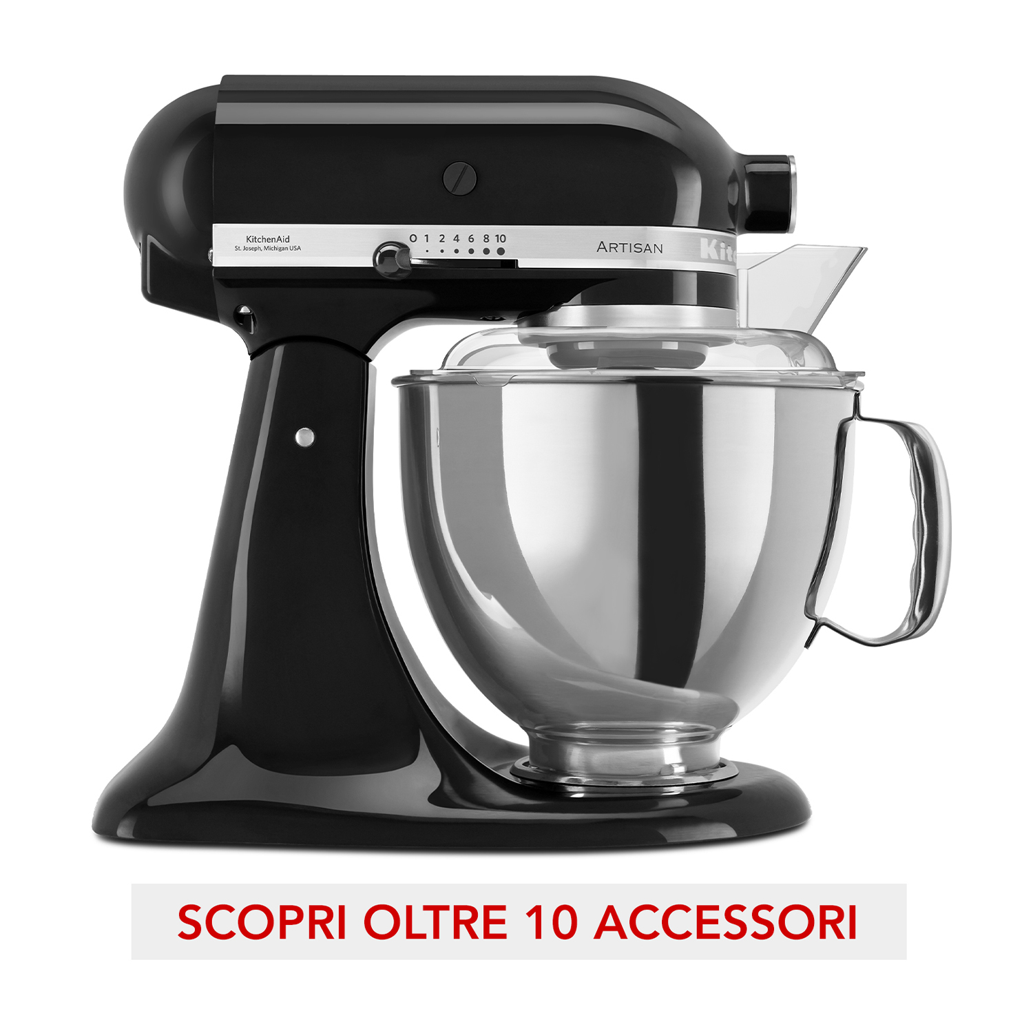 Impastatrice nera con ciotola in acciaio inox e protezione trasparente dagli schizzi su sfondo bianco.