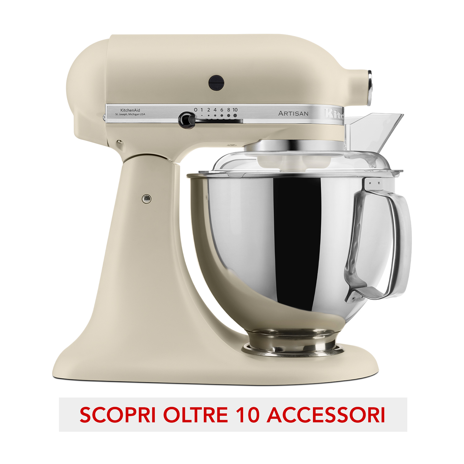 Frullatore KitchenAid color crema con ciotola di vetro, testo sotto.