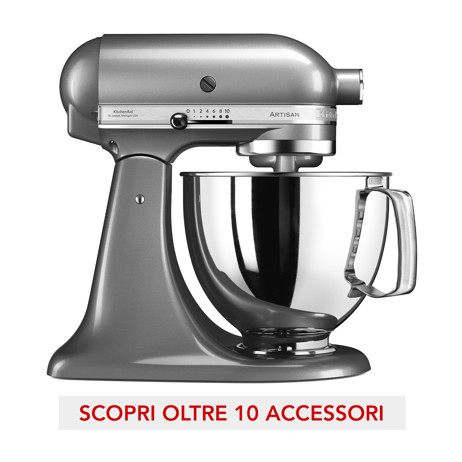 Frullatore KitchenAid grigio con ciotola in acciaio inossidabile, testo sotto.