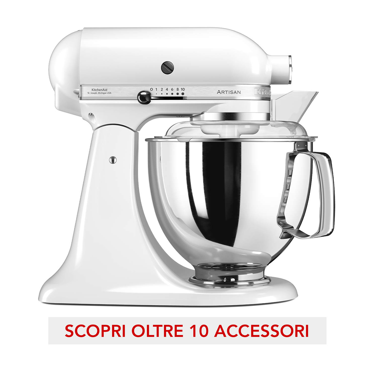 Un robot da cucina KitchenAid Artisan bianco. Ha una ciotola in metallo lucido e un paraschizzi in plastica trasparente. La base recita 'SCOPRI OLTRE 10 ACCESSORI'.