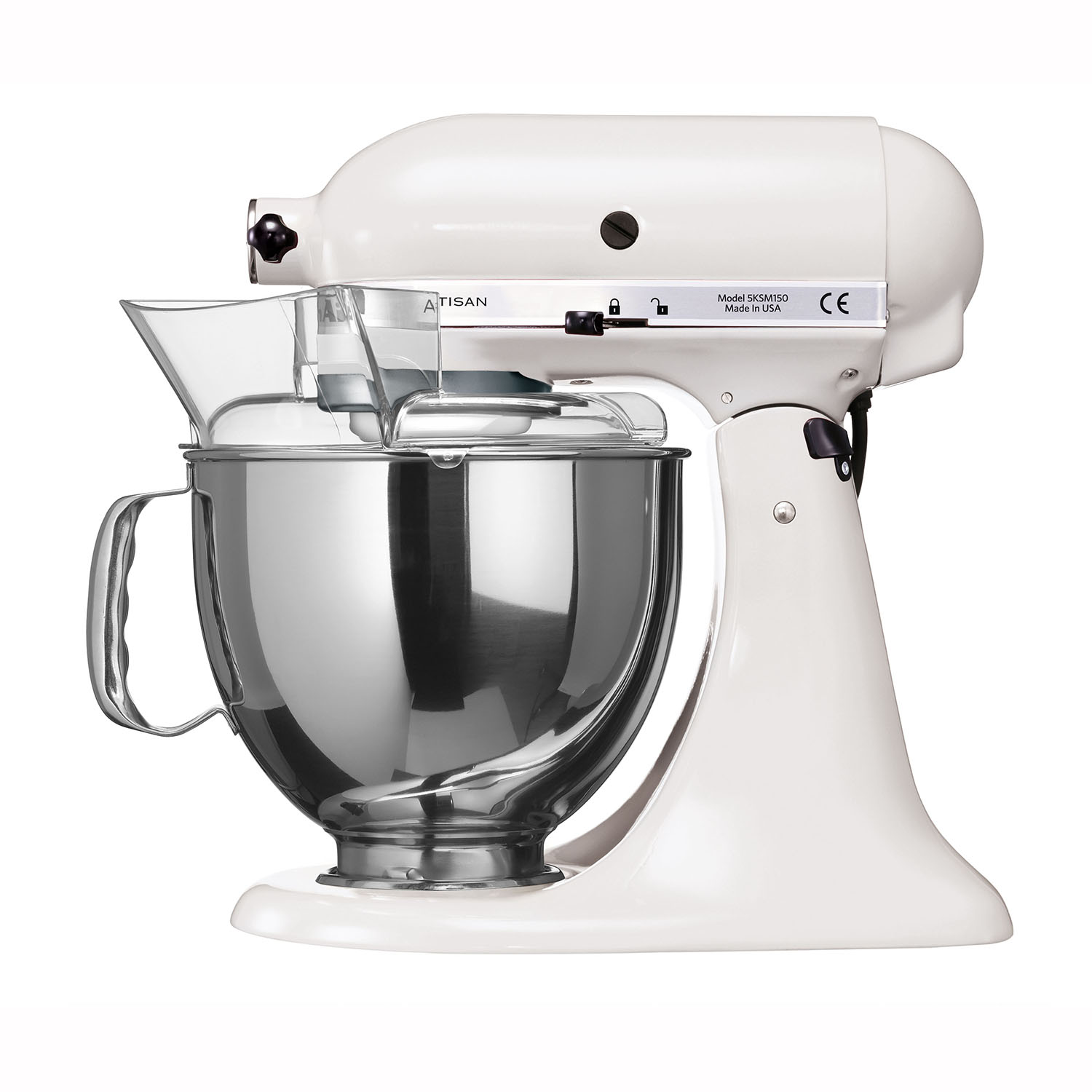 Un mixer da cucina KitchenAid bianco con una ciotola in acciaio inossidabile e accessori in plastica trasparente, isolato su sfondo bianco.