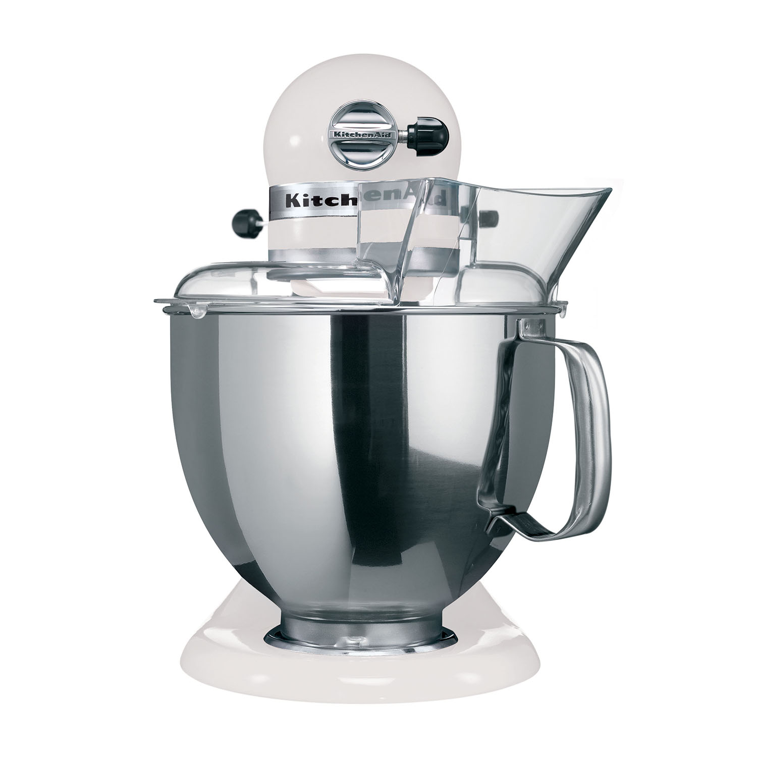 Un frullatore a immersione KitchenAid bianco. Ha una ciotola d'argento e uno schermo di versamento in plastica trasparente. Il logo è visibile.