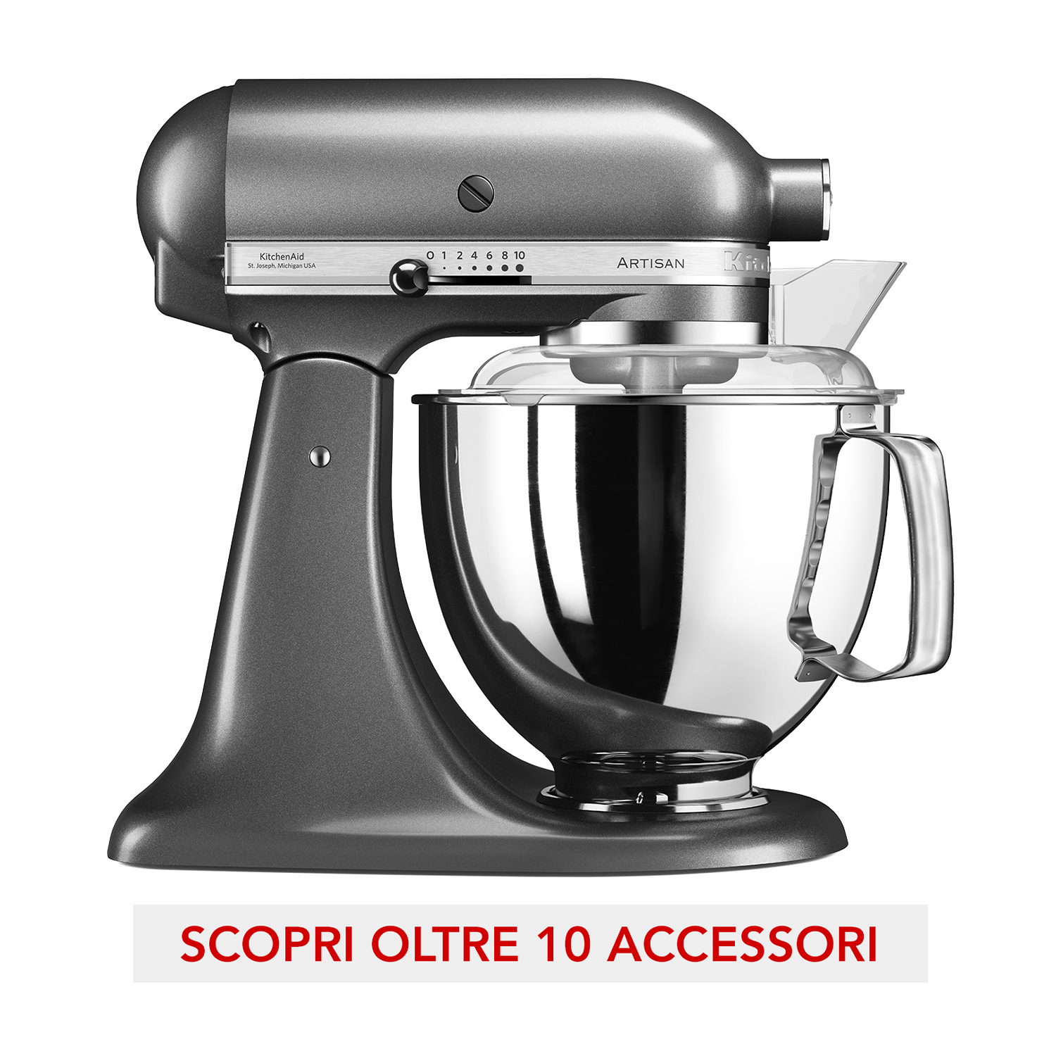 Un'impastatrice KitchenAid grigia. La ciotola e la parte superiore sono visibili, con il logo e il testo del marchio.