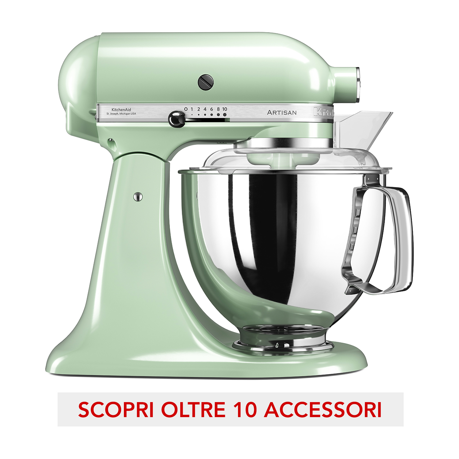 Frullatore KitchenAid verde con ciotola, protezione in vetro e manopola, sfondo bianco.