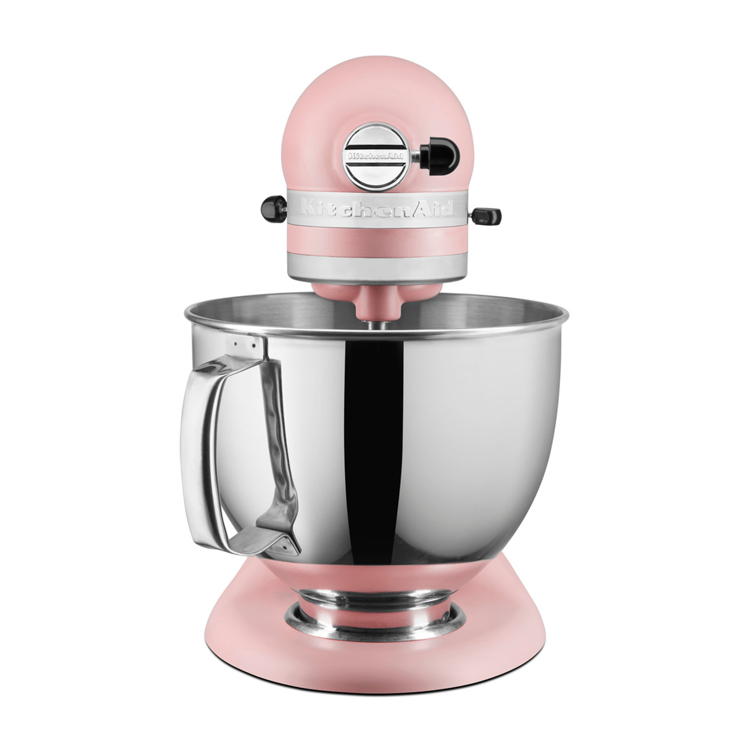 Un mixer a colonna KitchenAid Artisan rosa con ciotola in acciaio inox, isolato su bianco.