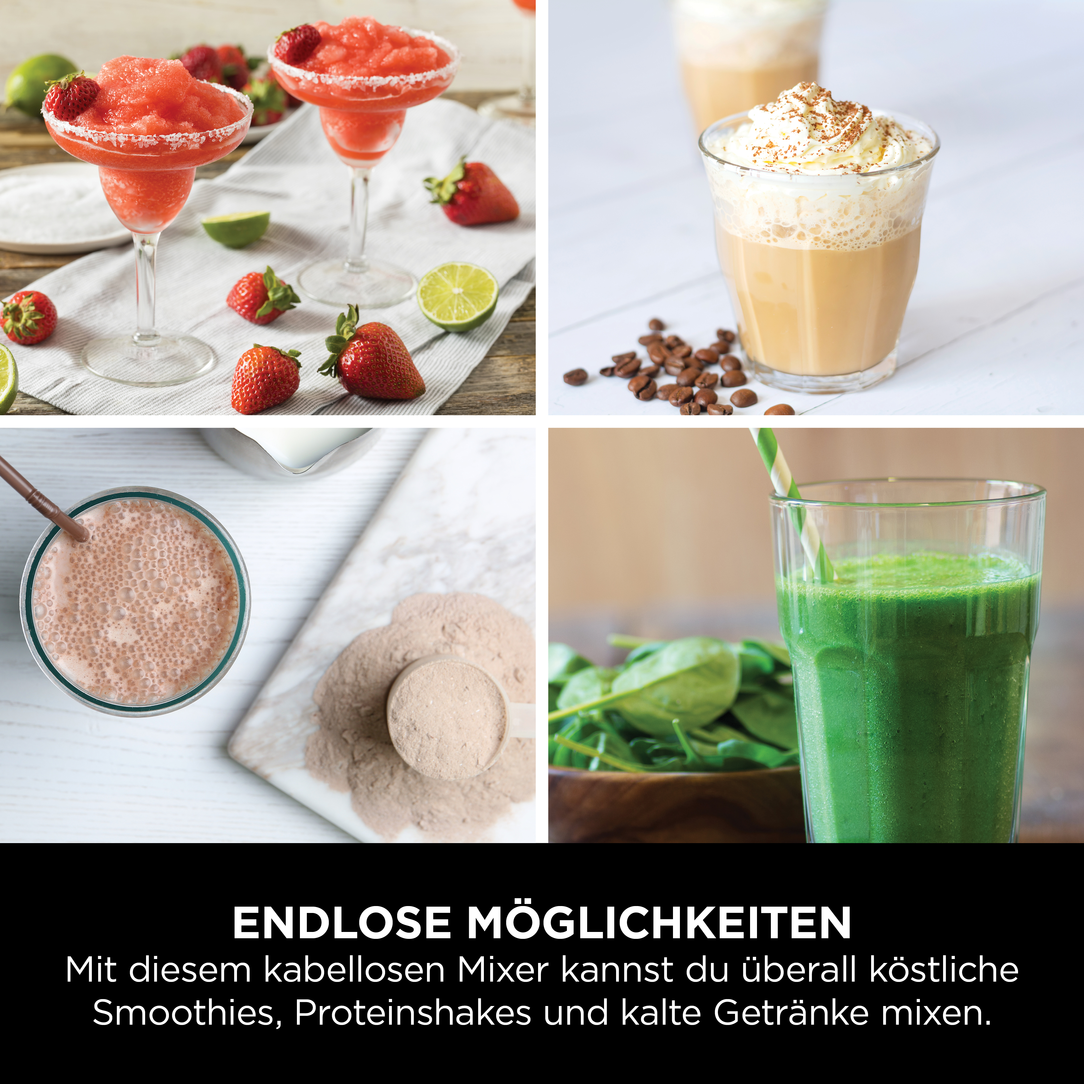 Vier Bilder von verschiedenen Getränken.