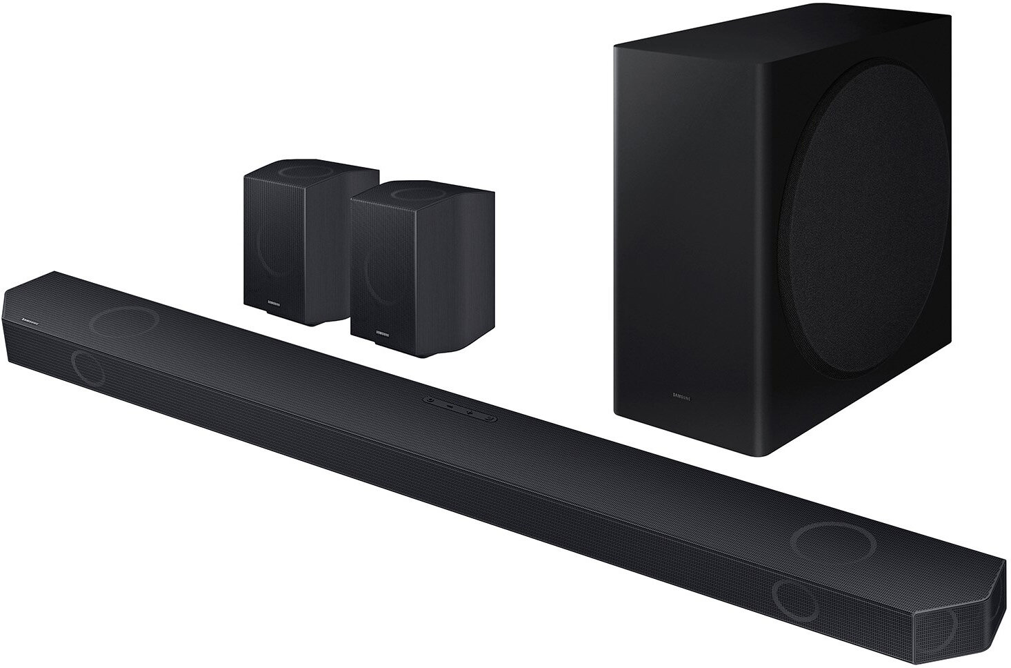 Czarny system dźwiękowy z soundbarem, dwoma głośnikami i subwooferem.