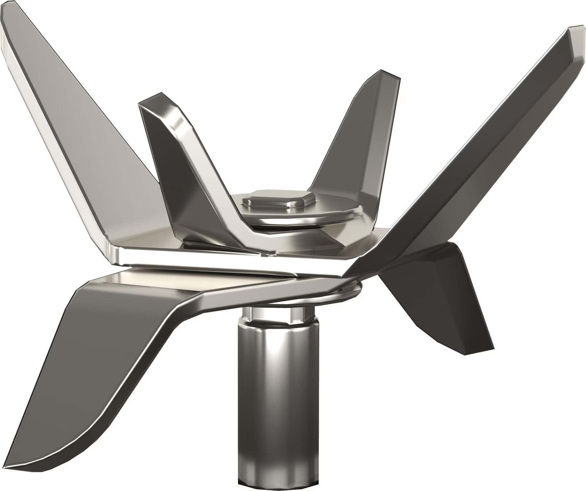 Silberne Mixer-Klingen mit zentraler Nabe und glänzendem Finish.