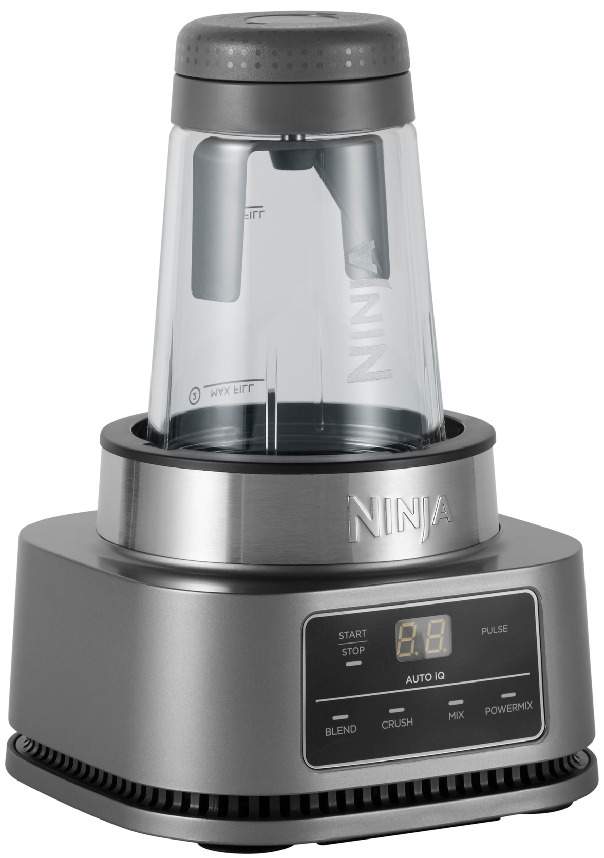 Ein Ninja-Mixer mit einem transparenten Behälter auf einem grauen Sockel. Der Sockel hat ein Display.