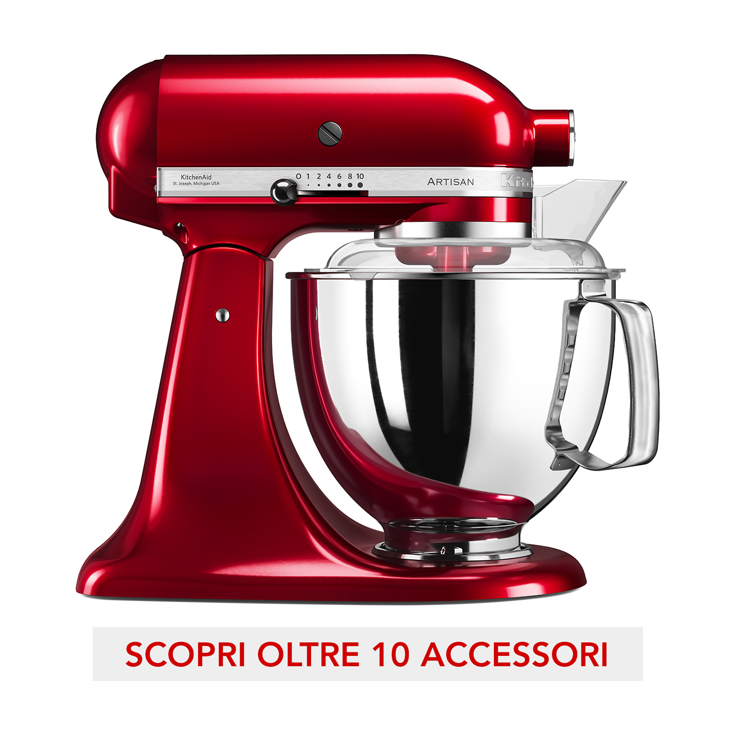 Un mixer KitchenAid rosso con una ciotola trasparente, su sfondo bianco.