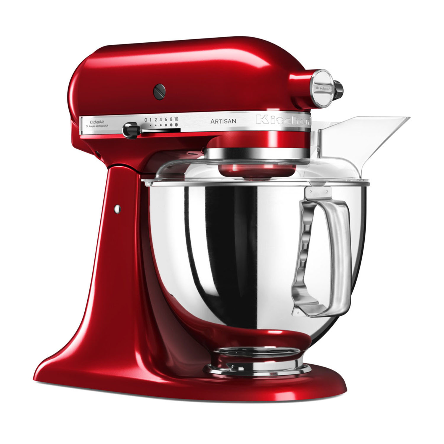 Frullatore KitchenAid rosso con ciotola trasparente e sfondo bianco.