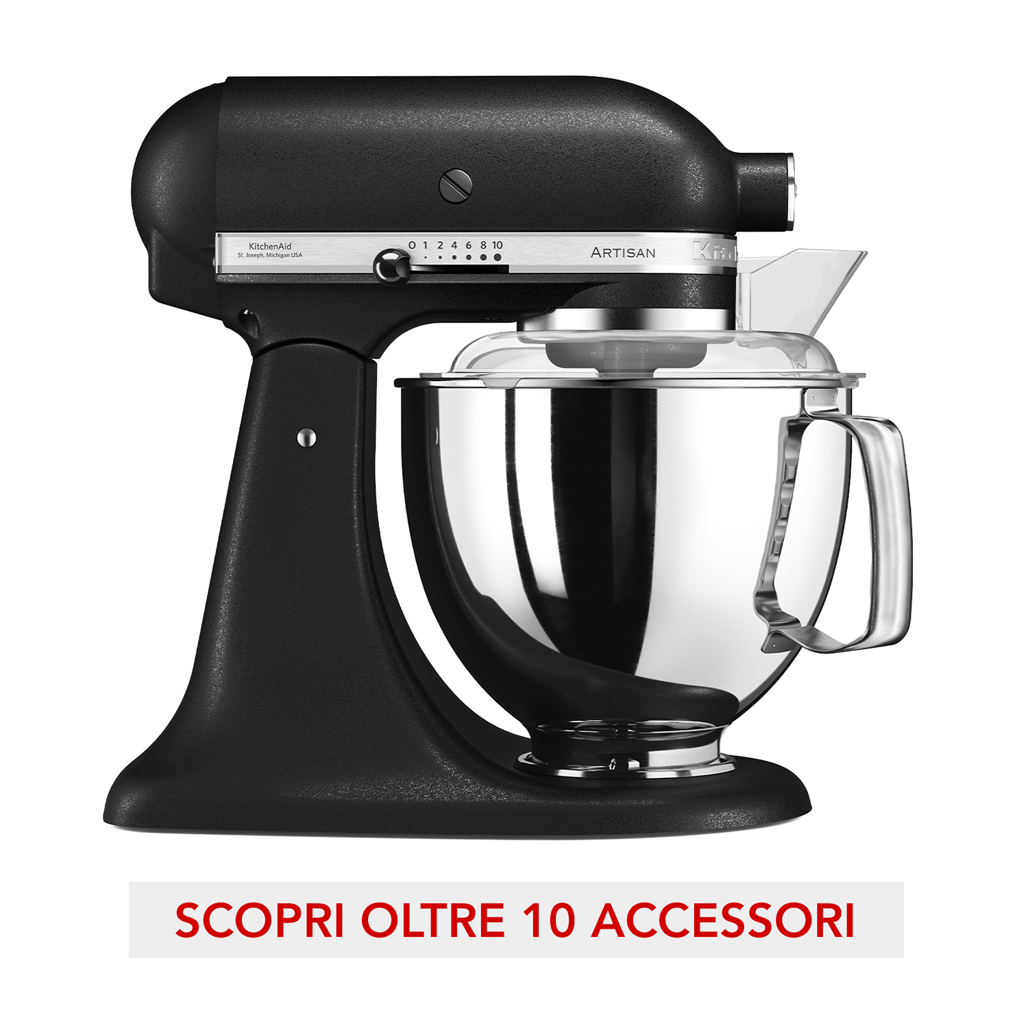 Mixer KitchenAid nero con ciotola d'argento. Testo: SCOPRI OLTRE 10 ACCESSORI.