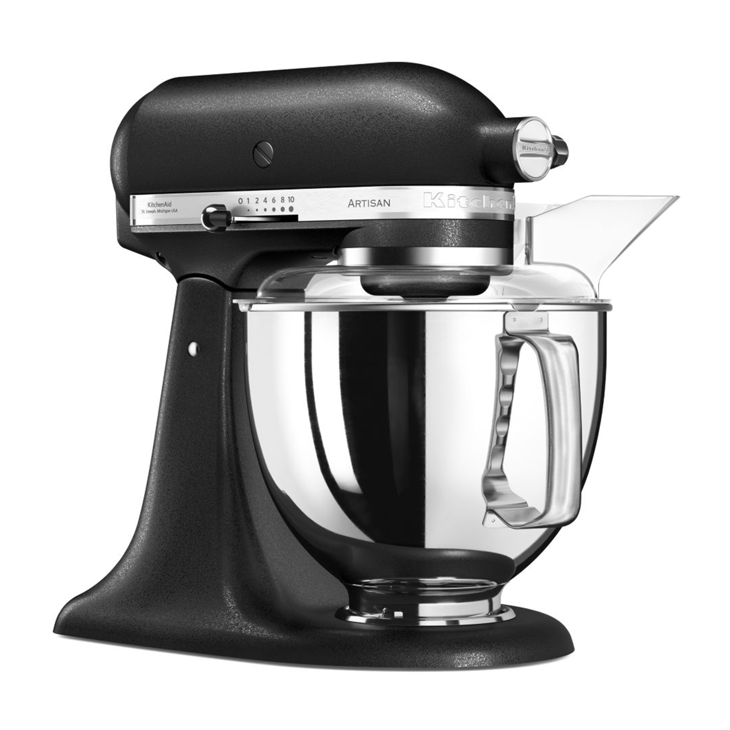 Impastatrice KitchenAid Artisan nera, con ciotola e accessori.