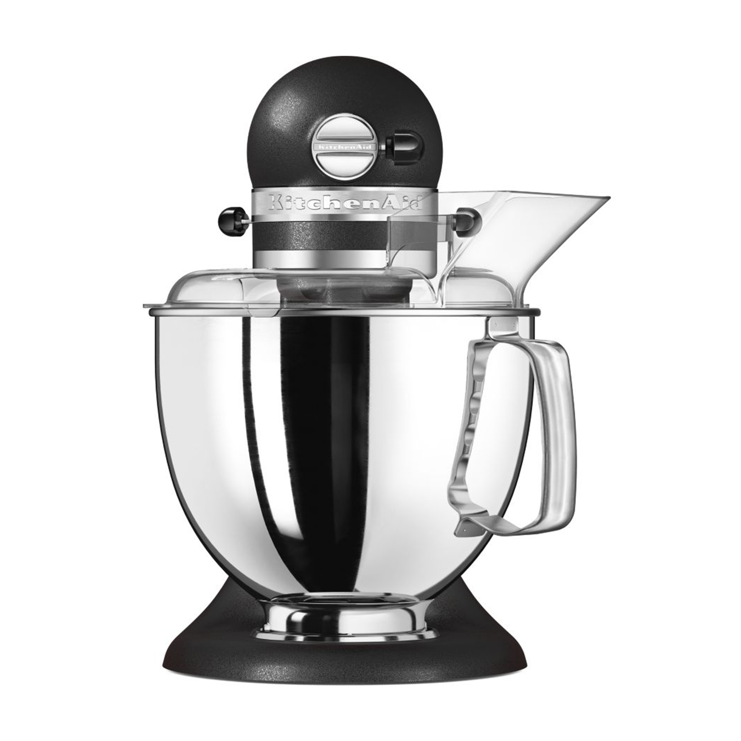 Robot da cucina KitchenAid nero con paraspruzzi trasparente. Ciotola in acciaio inox e sfondo bianco.
