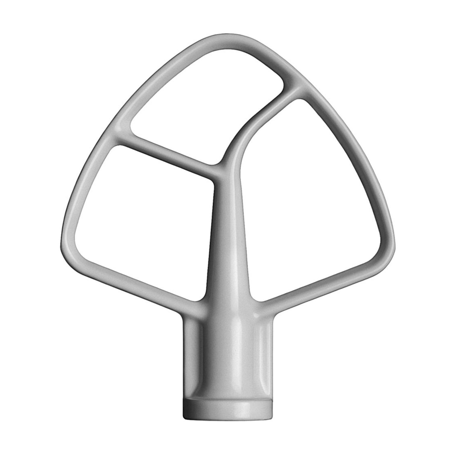 Un accessorio per mixer grigio chiaro, una frusta piatta, isolata su bianco.