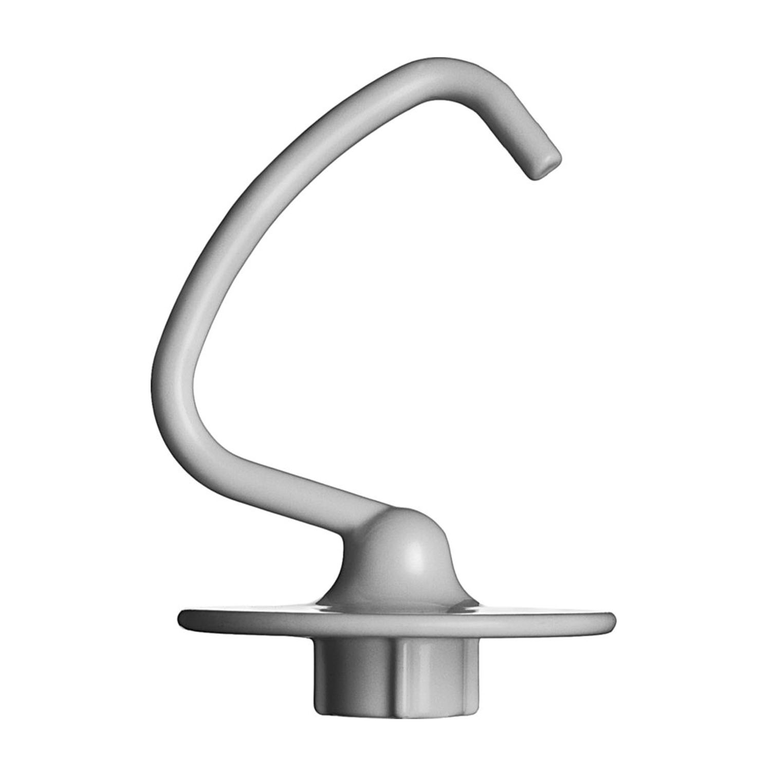 Un gancio impastatore bianco per un mixer, isolato su sfondo bianco, è mostrato in un primo piano.