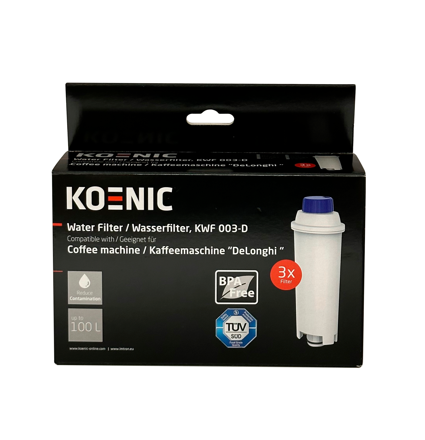 Pudełko filtra wody: biały filtr, niebieska nasadka i tekst. Czarne pudełko z białym i niebieskim tekstem.