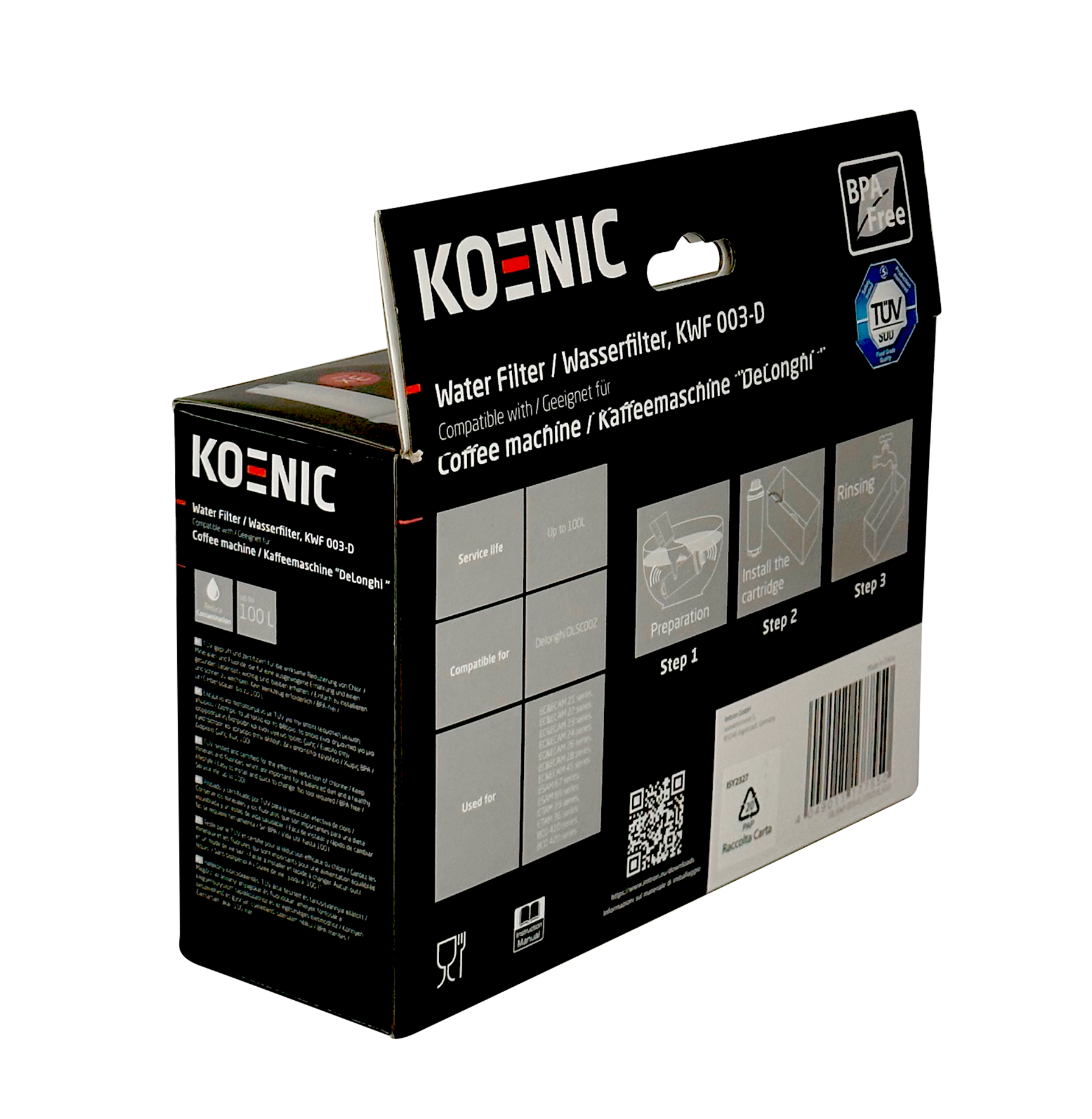 Pudełko filtra wody do ekspresów do kawy. Instrukcje i informacje o produkcie są na nim wydrukowane.