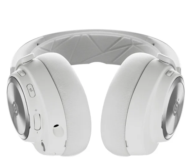 Białe słuchawki z mikrofonem i elementami sterującymi, skierowane do widza.