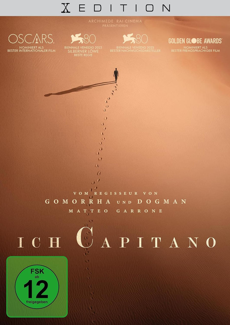 DVD-Cover für den Film "Ich Capitano", zeigt Person in der Wüste, FSK 12.
