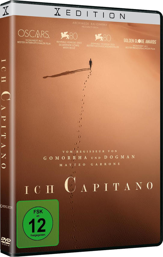DVD-Hülle für den Film "Ich Capitano" mit Cover-Art einer Person in einer Wüste.