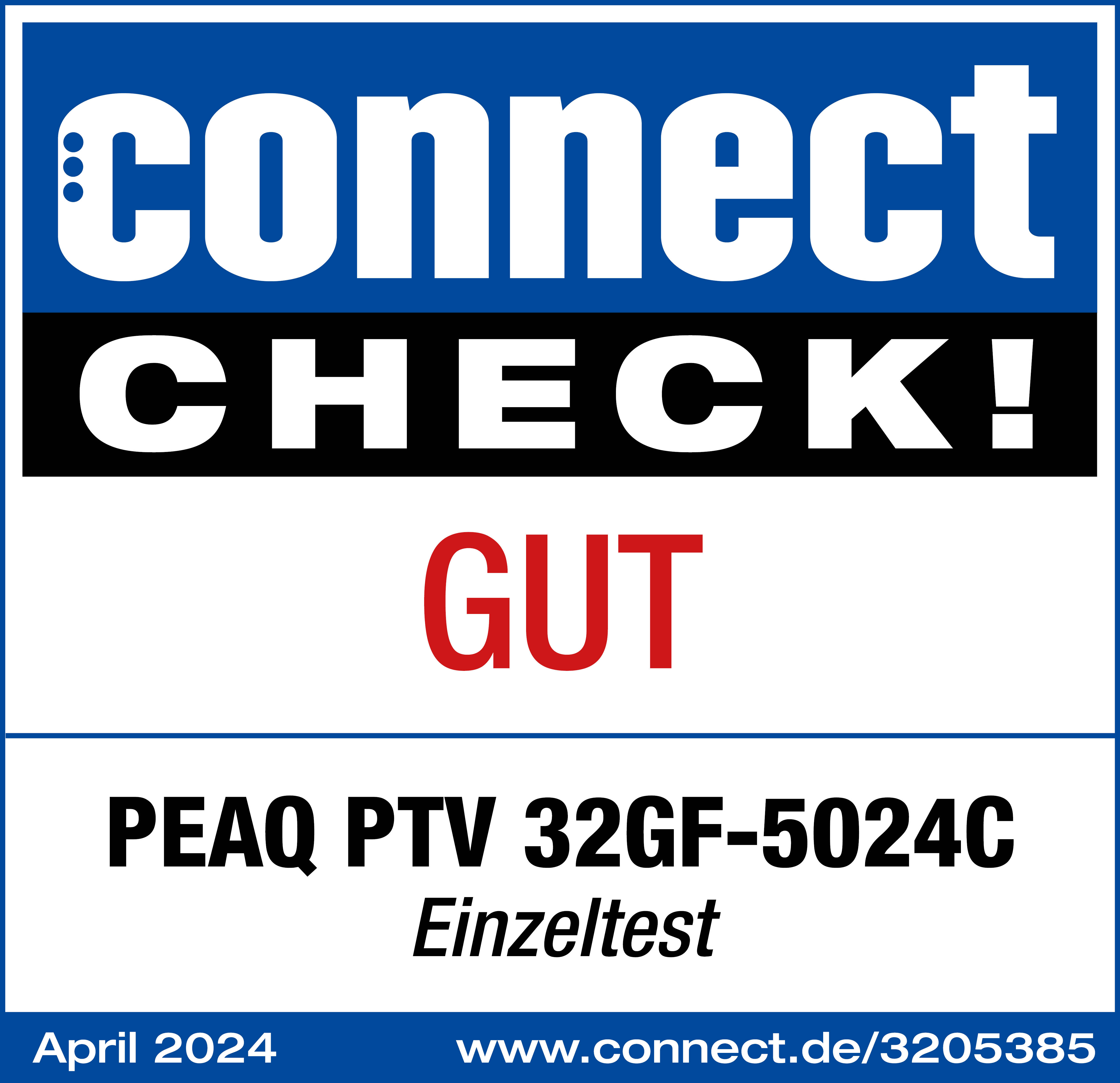 Etichetta Connect Check, parola GUT (buono) in rosso, e dettagli di un TV PEAQ.