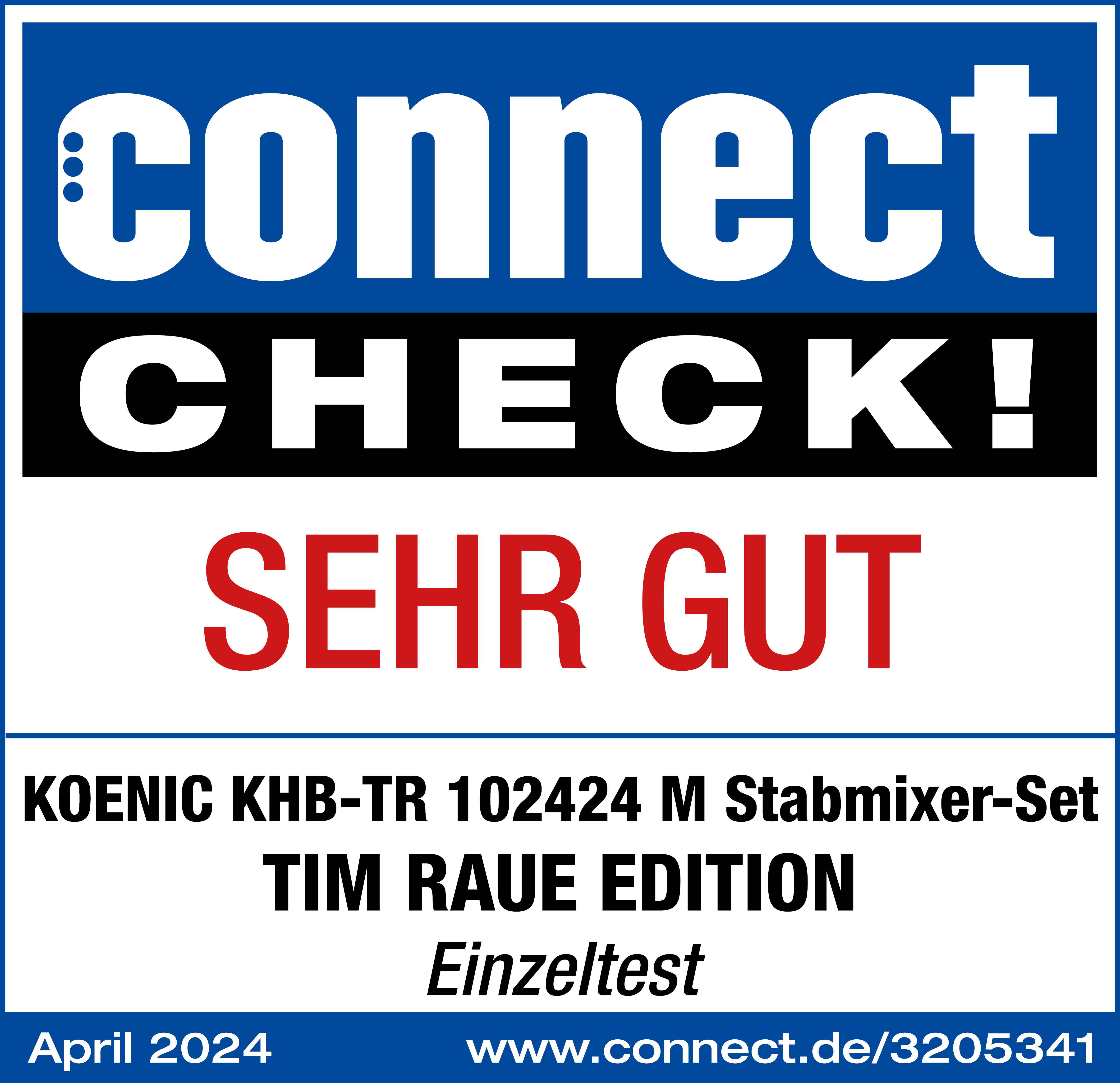 Eine weiße und blaue Produktbewertung mit Text. Es liest sich 'connect CHECK! SEHR GUT' und andere Details.