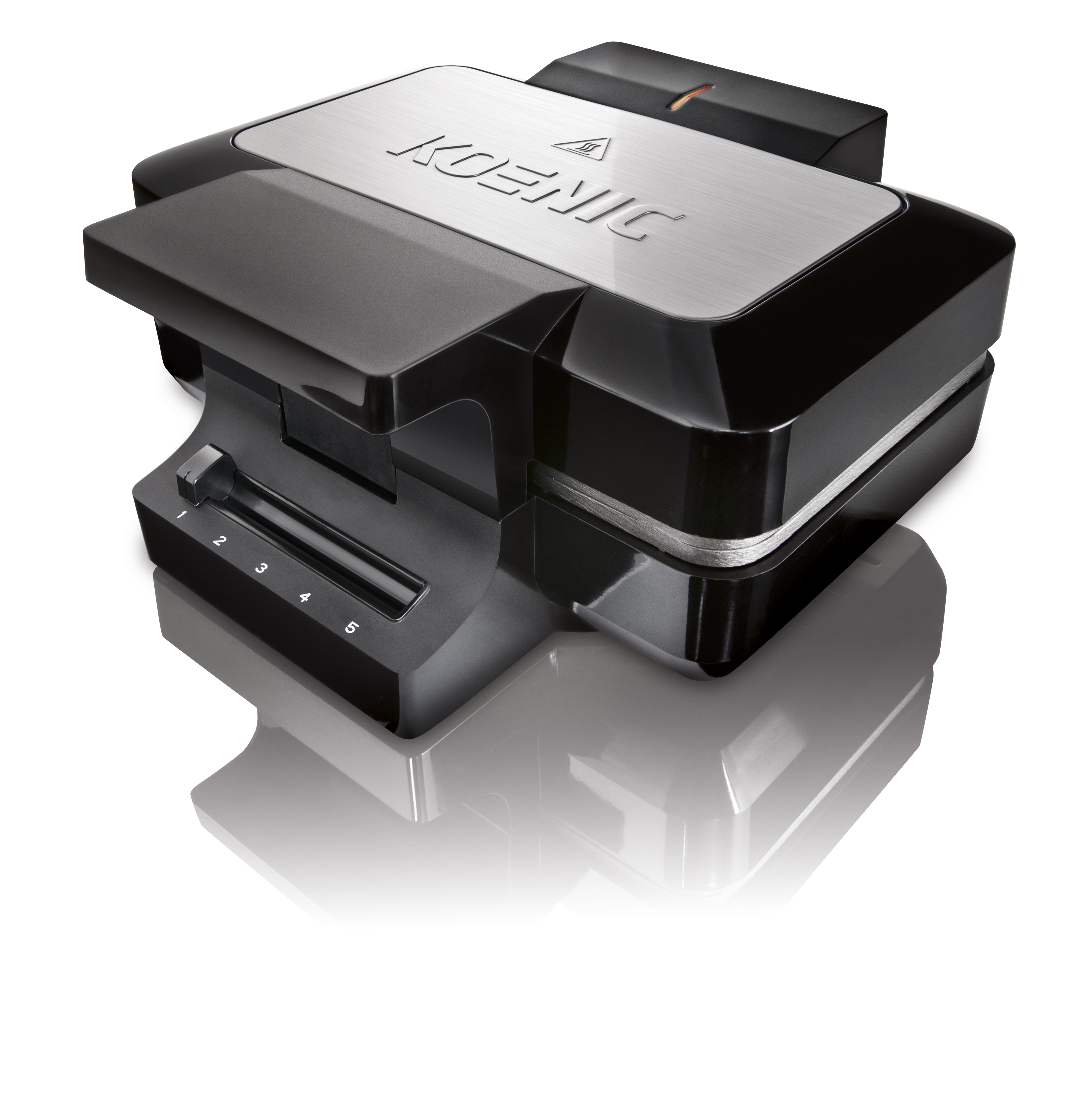 Czarny gofrownica Koenic ze srebrną górą, pokazująca ustawienia i odbicie.