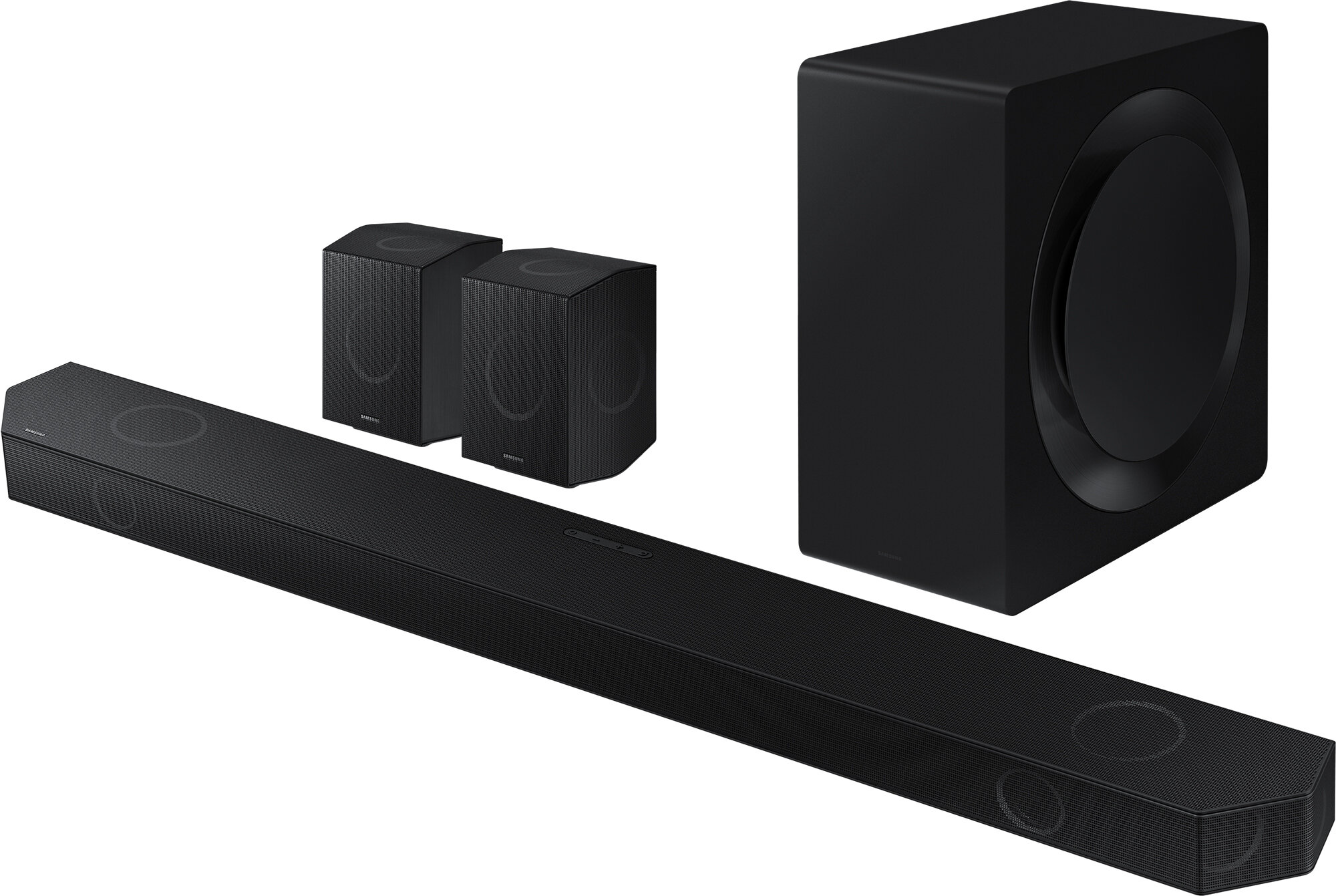 Czarny soundbar, dwa głośniki i subwoofer, wszystkie elementy systemu audio.
