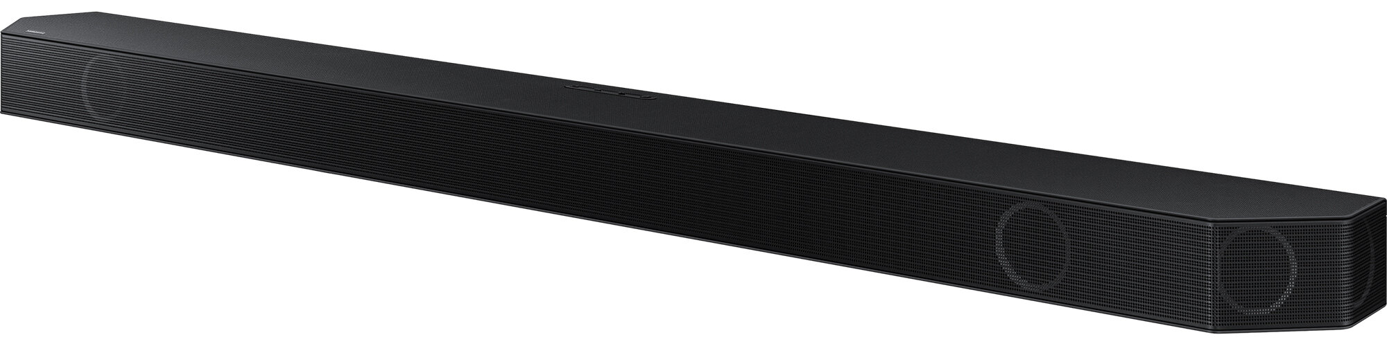 Czarny soundbar. Prostokątny z zaokrąglonymi krawędziami. Głośniki na końcach i z przodu.