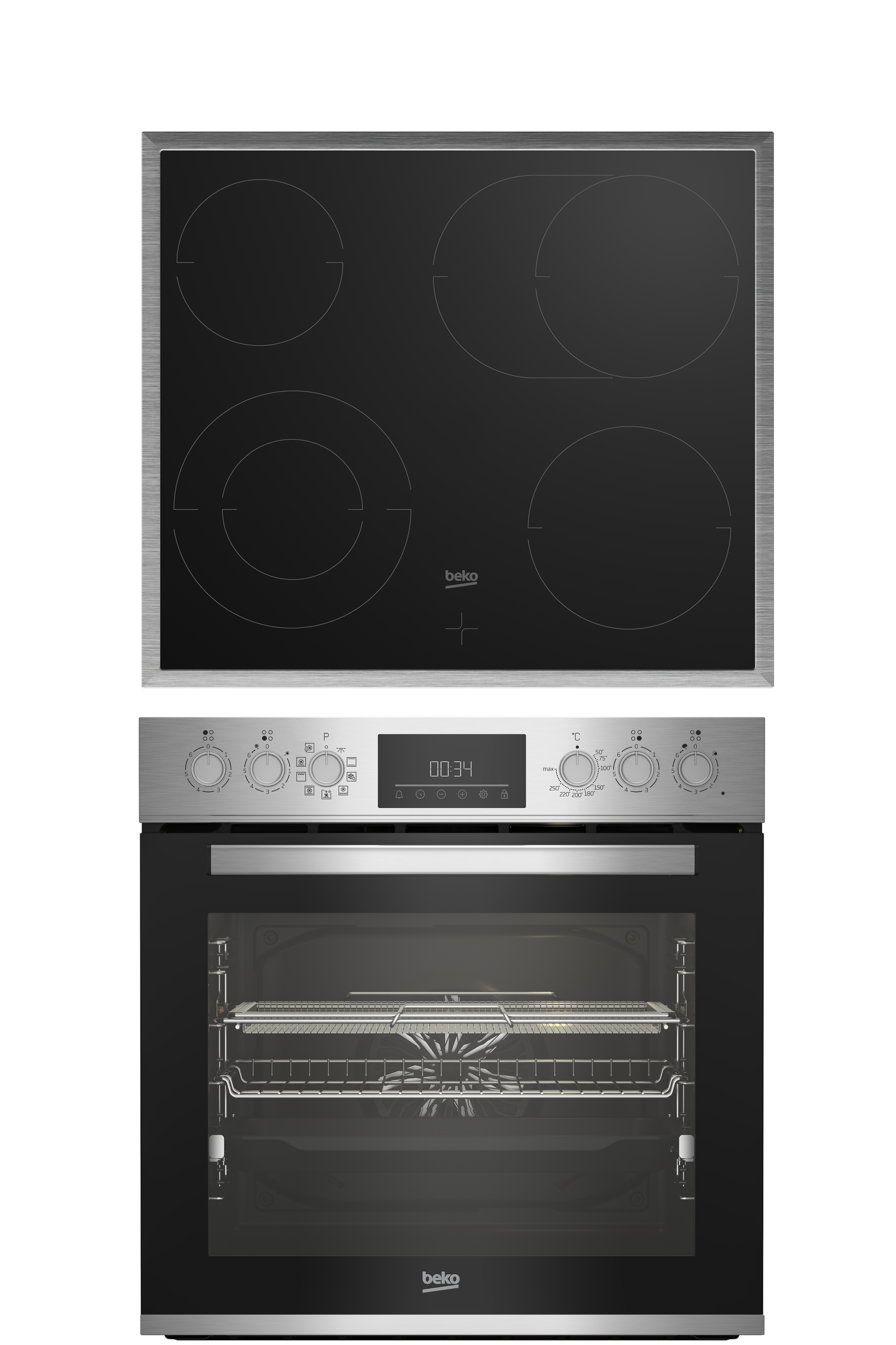 Schwarzer Kochfeld- und Backofen-Kombination, beide mit Edelstahl-Zierleiste.
