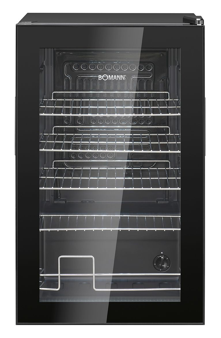 Ein schwarzer Bomann Kühlschrank mit Glasfront und drei Regalen.