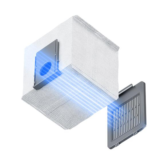 Schnitt durch einen Staubsaugerbeutel mit blauen Lichtstrahlen und einem Gitter.