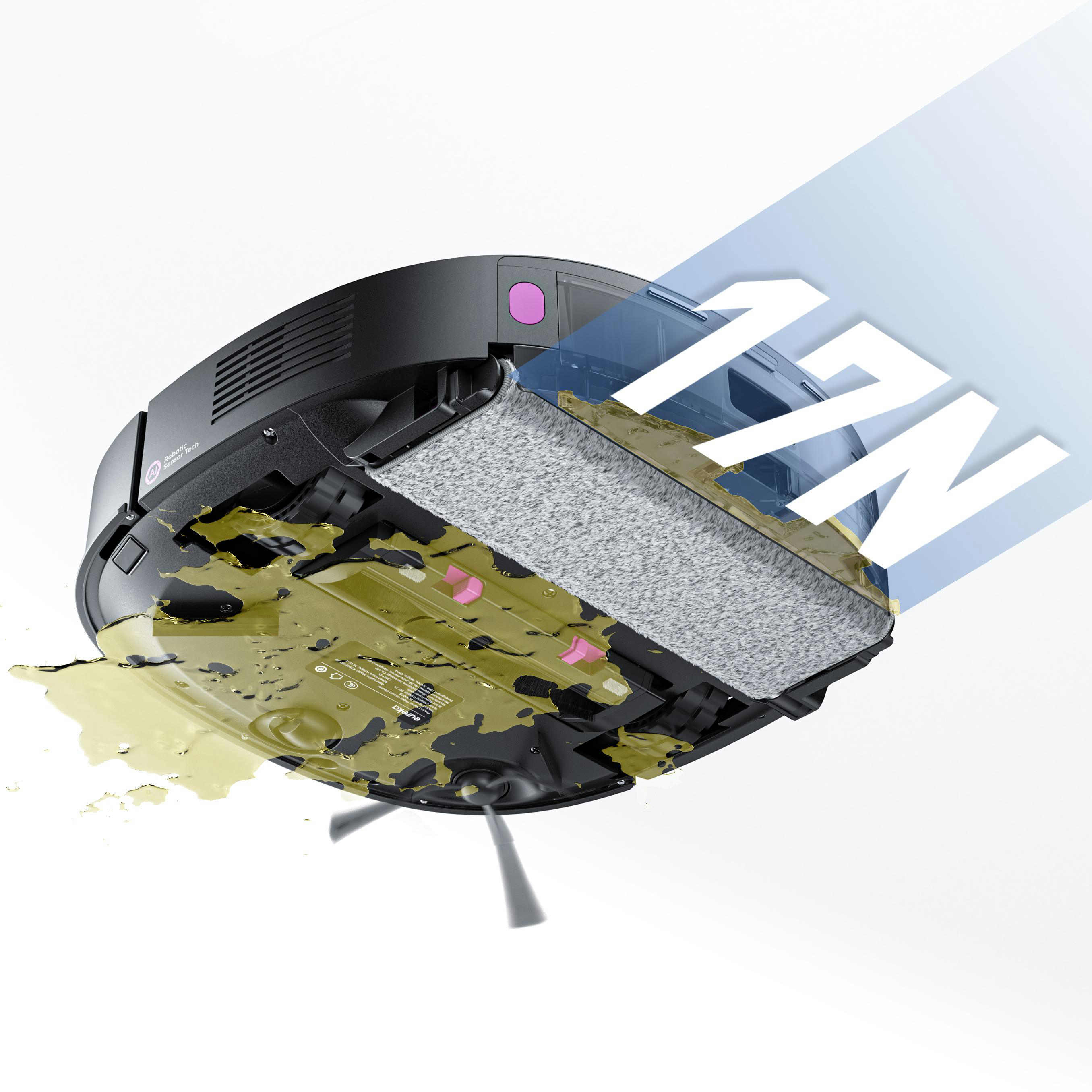Roboter-Staubsauger mit schmutzigem Boden darunter, 17N Kraft wird in weißem Text hervorgehoben.