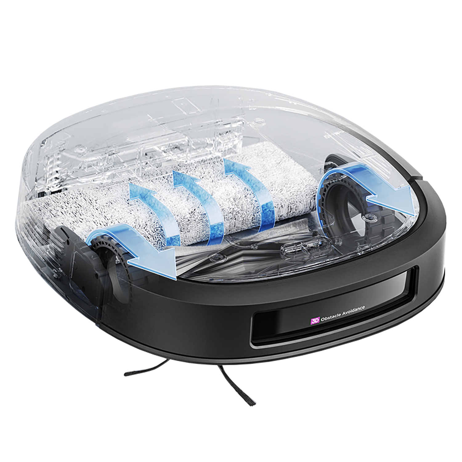 Roboter-Staubsauger mit transparentem Deckel, der interne Komponenten und blaue Reinigungspfeile zeigt.