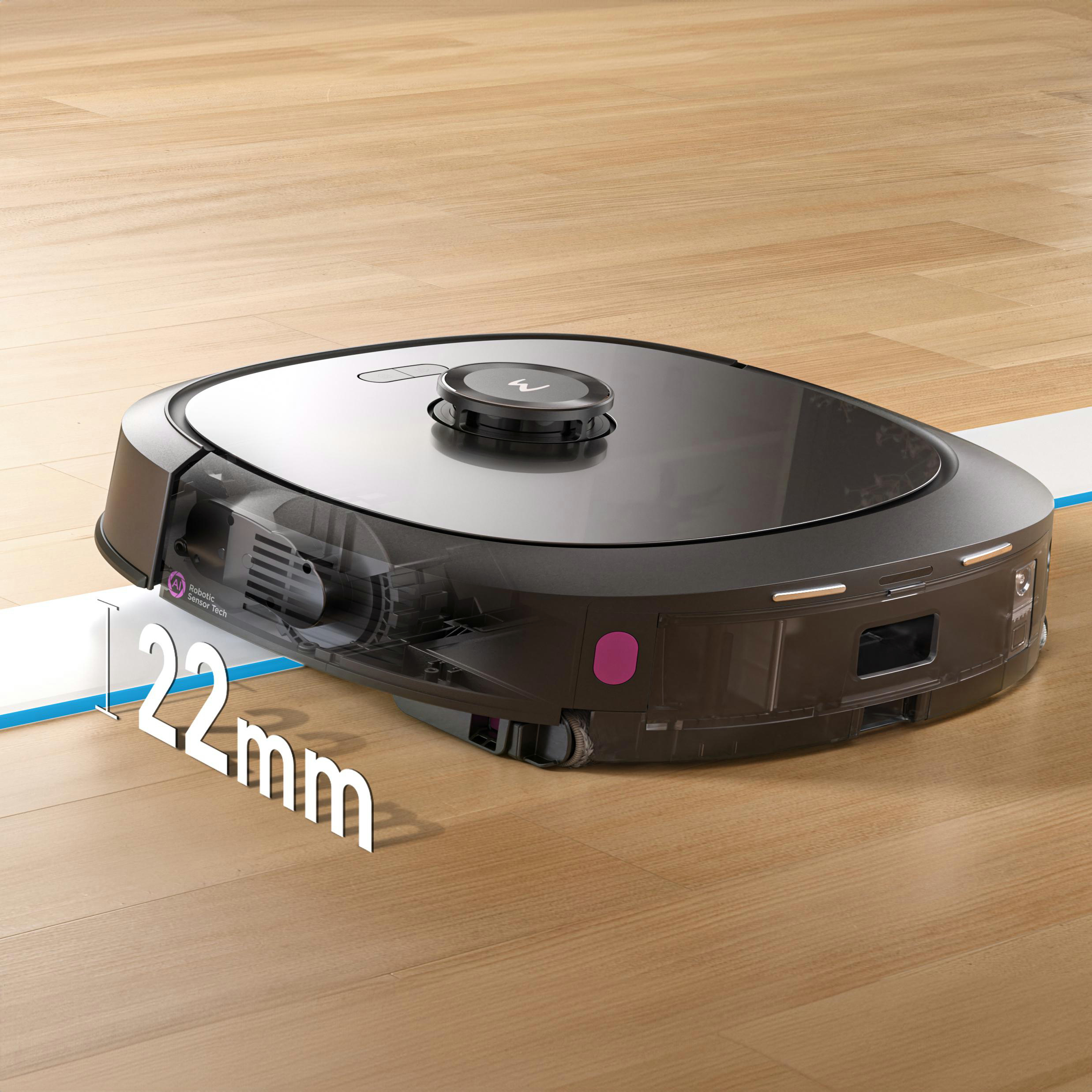 Ein schwarzer Roboter-Staubsauger auf einem Holzboden, mit einer blau-weißen Linie.